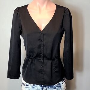 J. CREW Satin Crepe V Neck Button Top Blouse Black Size 00 Victorian Goth Dressy